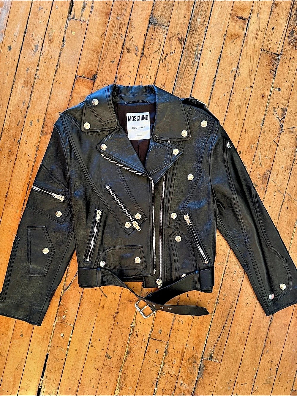 Moschino Couture! Black Leather Moto Jacket Silver Details